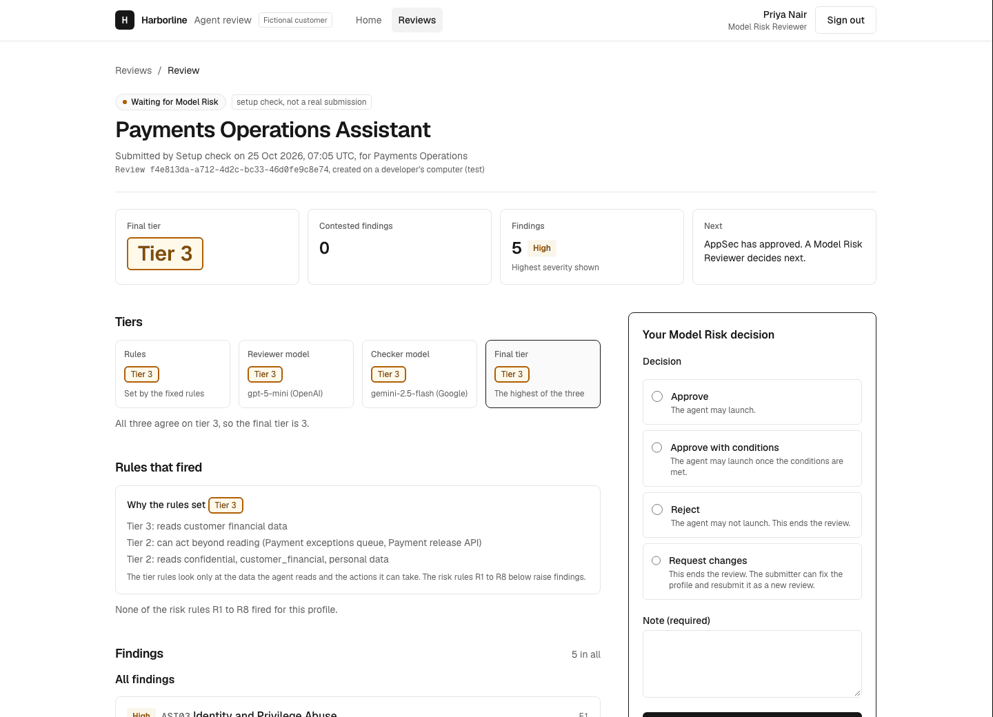 The review page for a Tier 3 payments agent: the final tier, contested findings, the three tiers that set it, the rule tier's reasons, and the Model Risk decision form.